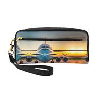SamLng Trousse de maquillage réutilisable - Trousse de maquillage en cuir imprimé avion au coucher de soleil pour voyage, organiseur de toilette avec fermeture éclair, noir, One Size