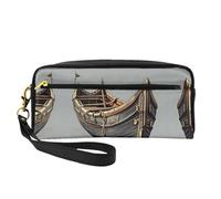 SamLng Trousse de maquillage réutilisable - Vieux bateaux vikings en cuir imprimé petite trousse de maquillage pour voyage, organisateur de toilette avec fermeture éclair, noir, One Size