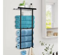 Samlonge 76cm Porte Serviette Mural, 3 Étages Porte Serviette Salle de Bain sans Perçage avec 6 Crochets et Garde-Corps Support Serviette Salle De Bain Noir