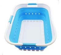 Sammart 42L Panier à linge pliable en plastique, utilisable comme bac de rangement ou de nettoyage, portable, gain de place, blanc/bleu marine