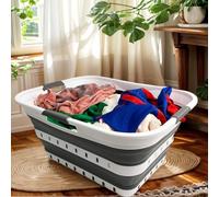 SAMMART Panier à linge pliable en plastique de 42 l - Panier de rangement pliable - Panier à linge portable - Peu encombrant (1, blanc/gris acier)