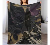 Samouraï avec Lune et Rose Rouge Plaid Doux en Flanelle pour Canapé et Lit