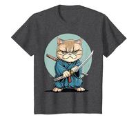 Samouraï Chat Exotique à Poil Court Japonais Kawaii Ninja T-Shirt, Enfant, Chiné Foncé, 4 Ans