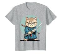 Samouraï Chat Exotique à Poil Court Japonais Kawaii Ninja T-Shirt, Enfant, Gris Chiné, 6 Ans