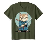 Samouraï Chat Exotique à Poil Court Japonais Kawaii Ninja T-Shirt, Enfant, Olive, 3 Ans