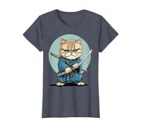 Samouraï Chat Exotique à Poil Court Japonais Kawaii Ninja T-Shirt, Femme, Bleu Chiné, XL