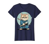 Samouraï Chat Exotique à Poil Court Japonais Kawaii Ninja T-Shirt, Femme, Bleu Marine, XL