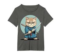 Samouraï Chat Exotique à Poil Court Japonais Kawaii Ninja T-Shirt, Femme Grandes Tailles, Asphalte, 1X