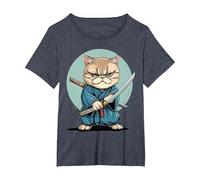 Samouraï Chat Exotique à Poil Court Japonais Kawaii Ninja T-Shirt, Femme Grandes Tailles, Bleu Chiné, 1X