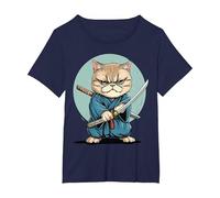 Samouraï Chat Exotique à Poil Court Japonais Kawaii Ninja T-Shirt, Femme Grandes Tailles, Bleu Marine, 2X