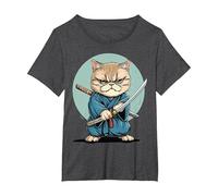 Samouraï Chat Exotique à Poil Court Japonais Kawaii Ninja T-Shirt, Femme Grandes Tailles, Chiné Foncé, 4X