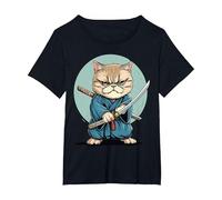 Samouraï Chat Exotique à Poil Court Japonais Kawaii Ninja T-Shirt, Femme Grandes Tailles, Noir, 1X