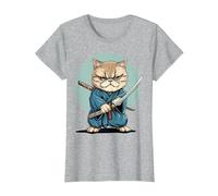 Samouraï Chat Exotique à Poil Court Japonais Kawaii Ninja T-Shirt, Femme, Gris Chiné, 3XL