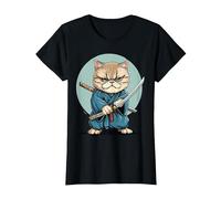 Samouraï Chat Exotique à Poil Court Japonais Kawaii Ninja T-Shirt, Femme, Noir, M