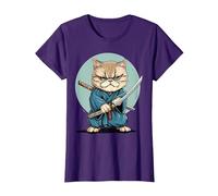 Samouraï Chat Exotique à Poil Court Japonais Kawaii Ninja T-Shirt, Femme, Violet, XS