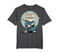 Samouraï Chat Exotique à Poil Court Japonais Kawaii Ninja T-Shirt, Homme Grandes Tailles, Chiné Foncé, 2X Tall
