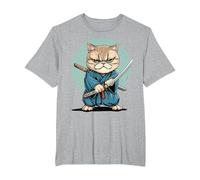 Samouraï Chat Exotique à Poil Court Japonais Kawaii Ninja T-Shirt, Homme Grandes Tailles, Gris Chiné, 2X Tall
