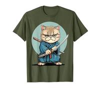Samouraï Chat Exotique à Poil Court Japonais Kawaii Ninja T-Shirt, Homme, Olive, XL