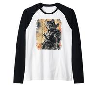 Samouraï Chat Graphique Guerrier Vintage Art Japonais Anime Manche Raglan