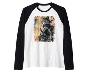 Samouraï Chat Graphique Guerrier Vintage Art Japonais Anime Manche Raglan