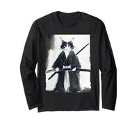 Samouraï Chat Japonais Encre Art Drôle Guerrier Épéiste Cadeau Manche Longue