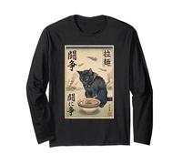Samouraï Chat Noir Mangeant Ramen Scène de Guerre Edo Art Hommes Femmes Manche Longue