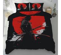 Samouraï Japonais Parure de Lit Enfant 200x200, Silhouette Aquarelle Soleil Rouge Housse de Couett Fermeture Éclair, Housse de Couette Réversible 3 Pièce, avec 2 Taies d'oreiller