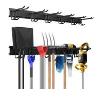 Sampoes Garage Tool Management - Support mural pour garage - 120 cm - Avec 6 crochets réglables - Pour outils de jardin, balais, râteaux, équipements de ski - Noir