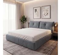 SAMPUR - Lit Coffre Atlas, Tête de Lit, Tissu Chenille, Gris, 140x190 | Tête de lit sculpturale • Sommier à lattes • Matelas encastré 5 cm • Structure robuste • Ouverture fluide