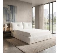 SAMPUR - Lit Coffre Atlas, Tête de Lit, Tissu Chenille, Sable, 160x200 | Tête de lit sculpturale • Sommier à lattes • Matelas encastré 5 cm • Structure robuste • Ouverture fluide