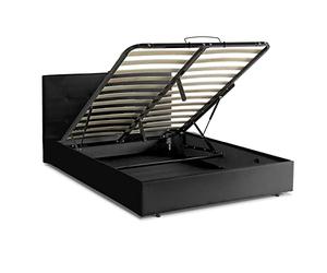 SAMPUR Lit Coffre Simili Cuir Penthouse Lit Simili Cuir + tête de lit + Sommier à Lattes + Espace de Rangement - 90x190 cm - Noir