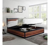 SAMPUR - Lit Coffre Style Industriel avec tête de lit et sommier à Lattes | Espace de Stockage XXL | Robuste et Large Angle d’Ouverture (Bois foncé, 160x200 cm)