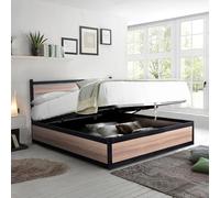 SAMPUR - Lit Coffre Style Industriel avec tête de lit et sommier à Lattes | Espace de Stockage XXL | Robuste et Large Angle d’Ouverture (Bois Clair, 180x200 cm)