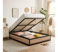 SAMPUR - Lit Coffre Style Industriel et sommier à Lattes | Espace de Stockage XXL | Robuste et Large Angle d’Ouverture (Bois Clair, 180x200 cm)