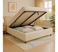 SAMPUR - Lit Coffre XXL Colisée Tissu Bouclette | Espace de Stockage jusqu'à 900 L | Robuste et Large Angle d’Ouverture (200x200 cm, Bouclette Sable)