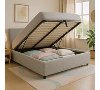 SAMPUR - Lit Coffre XXL Colisée Tissu Bouclette | Espace de Stockage jusqu'à 900 L | Robuste et Large Angle d’Ouverture (140x190, Bouclette Grise)