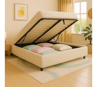 SAMPUR - Lit Coffre XXL Colisée Tissu Bouclette Sable | Espace de Stockage XXL jusqu'à 900 L | Robuste et Large Angle d’Ouverture (140x190 cm)