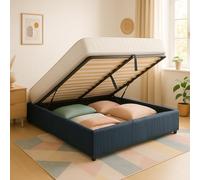 SAMPUR - Lit Coffre XXL Colisée Velours Bleu Nuit | Espace de Stockage XXL jusqu'à 900 L | Robuste et Large Angle d’Ouverture (140x190 cm sans tête de lit)