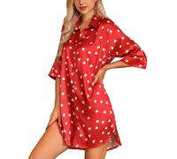 Samring Chemise de nuit en soie à manches 3/4 pour femme - Chemise de nuit boutonnée en satin pour femme, Cœur rouge, L
