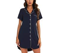 Samring Chemise de nuit pyjama pour femme à manches courtes/longues boutonnée, chemise de nuit pour petit ami, chemise de nuit S-XXL, Manches courtes - Bleu marine, X-Large