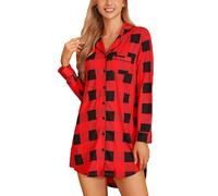 Samring Pyjama Chemise de Nuit pour Femmes Manches Courtes/Longues Bouton Down Vêtements de Nuit Haut Petit Ami Sommeil Chemises Chemise de Nuit S-XXL, Manches longues - carreaux rouges et noirs, XXL