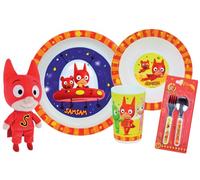 SAMSAM LOT VAISSELLE POUR ENFANT AVEC 1 VERRE 220 ML, 1 ASSIETTE CREUSE Ø16 CM, 1 ASSIETTE Ø22 CM, 2 COUVERTS H.13.5 CM ET 1 PELUCHE +/- 23 CM - VAISSELLE REUTILISABLE