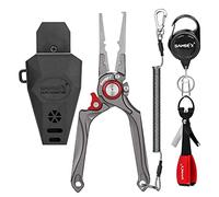 SAMSFX Pince de pêche multifonction, outils de pêche à la mouche, 20,3 cm, résistant à l'eau salée, extracteur d'hameçons fendus en tungstène, avec cordon et gaine (pince de pêche rouge avec outil de nœud rapide)