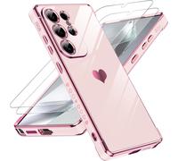 Samsung Galaxy S25 Ultra Case With 2 Tempered Glass Silicone Love Heart Shape Shockproof Anti-Scratch Soft Tpu Lightweight Case Cover For Samsung S25 Ultra - Pink