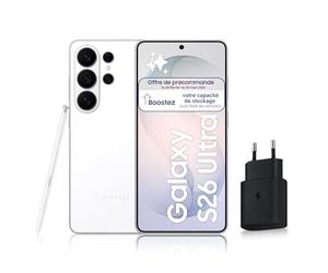 Samsung Galaxy S26 Ultra, Smartphone Android 5G avec Galaxy AI, 1 to, Chargeur Secteur Rapide 25W Inclus, Smartphone déverrouillé, Blanc, Version FR