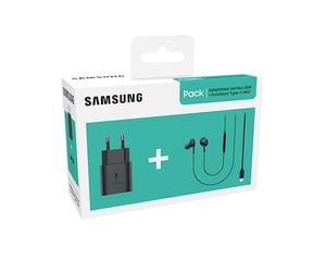 SAMSUNG Pack kit piéton Type C AKG + tête de Charge Rapide, Noir, Écouteurs Intra Auriculaires filaires 3.5mm avec Embouts Tailles S, M et L, Base Secteur Rapide 25W avec Adaptateur USB C