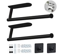 SAMSYOKI 2pcs Porte Essuie Tout Auto-adhésif, Support Porte Sopalin Mural avec 2 Crochets Porte-Serviettes en Papier Porte Rouleau Papier Toilette sans Percage pour Cuisine Salle de Bain (Noir)