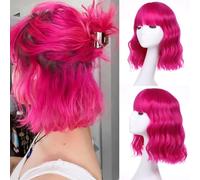 Samtress 12 Inch Short Bob Wigs Wavy With Bangs for Women Rose Red Shoulder Length Synthetic Cosplay Wig(#MH)