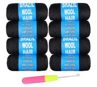 Samtress Brazilian Wool Hair Acrylic Yarn 8 Roll Natural Black 100% Brazilian Wool Hair for Crochet Braids Faux Locs Knitting Hair Synthetic Fiber Hair Extensions (#Black)