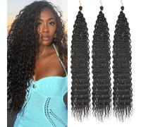 Samtress Ocean Wave Crochet Hair 24 Inch Curly Braiding Hair 3 Packs Deep Wave Crochet Hair Natural Black Wet and Wavy Braiding Hair For Boho Braids Hair Extensions (#1B)